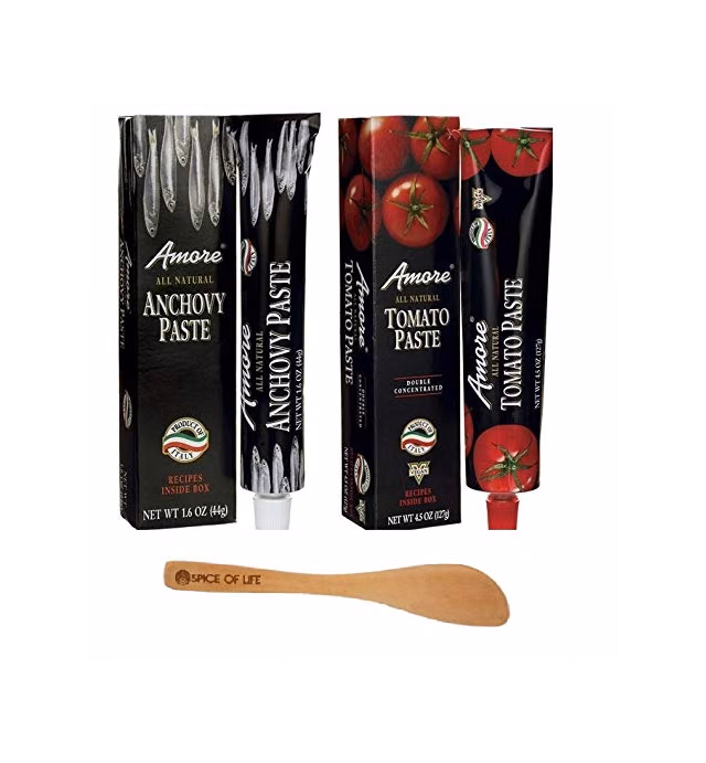 Amore Italian Tomato Paste and Anchovy Paste - 1 Tube of each - with Spice of Life Mini Bamboo Spatula