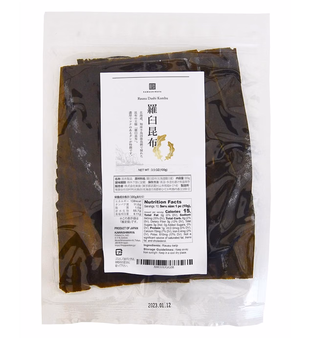 Dashi Kombu Dried Seaweed Whole Leaf for Soup Stock, Rausu Kelp 3.5oz (100g) - From Hokkaido, Made in Japan by Kawashimaya (Pack of 1)