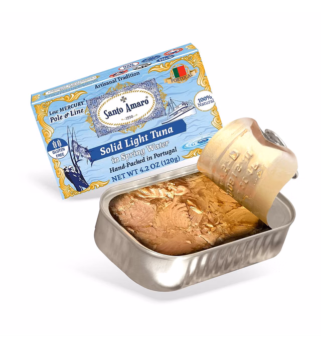 Santo Amaro - Artisanal Wild Tuna Fish in Spring Water, Pole & Line Wild Caught Tuna from Portugal, Hand-Packed Canned Tuna, Solid Light Tuna, 24g Protein Keto, 90 Calories, Low Mercury, Pack of 12