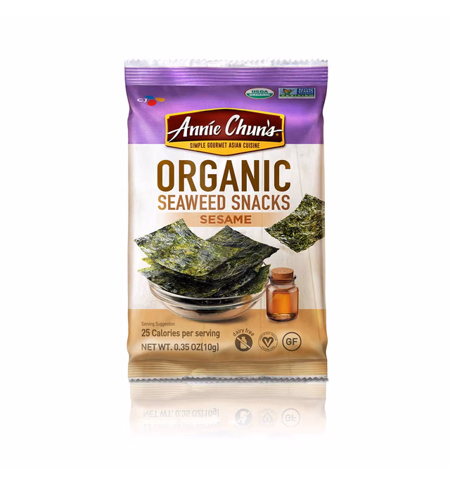 Annie Chun's - Crispy Roasted Seaweed Snacks, Sesame Flavor, Vegan, Gluten Free, Dairy Free, Light & Airy, Hearty and Delicious, 0.35oz (Pack of 12)