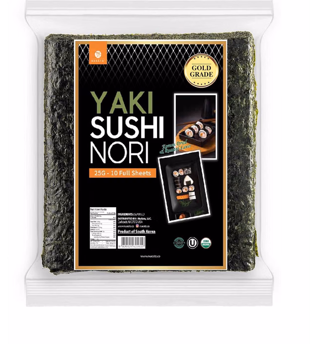 Organic Yaki sushi nori(NuEats), 10 Full sheet, Gold Grade, Roasted seaweed, Product of South Korea, USDA Organic, Vegan, Kosher, Premium quality