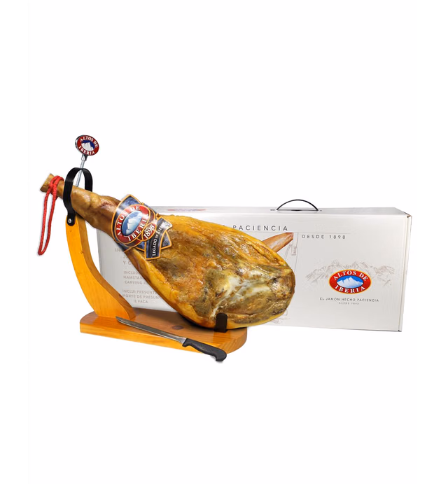 Altos de Iberia Serrano Ham Spain - With Ham Stand and Knife - Min Weight 14lb - 18 Months Avg Curing Time - Great Family and Friends Gift