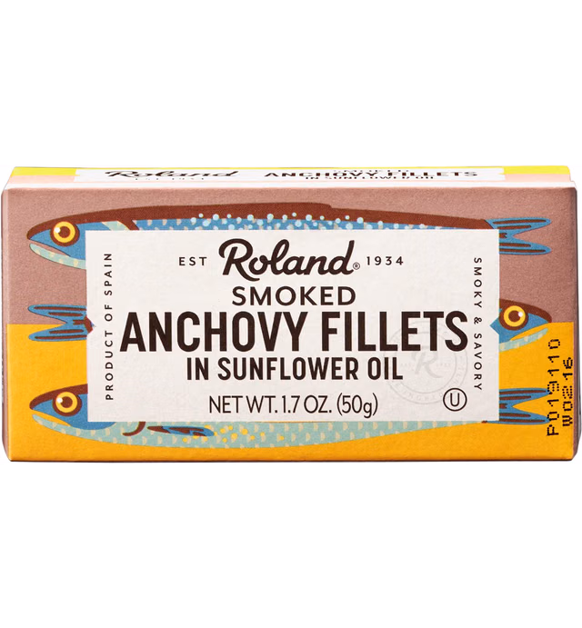 Roland Foods Smoked Anchovy Fillets Packed in Sunflower Oil, Wild Caught from Spain, 1.8-Ounce Tin