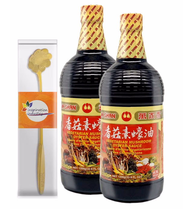 Wan Ja Shan Vegetarian Mushroom Oyster Sauce, 33.8 FL Oz, With Inspiration Industry Coffee Spoon - 万家香 香菇素蚝油 (2 Bottles)