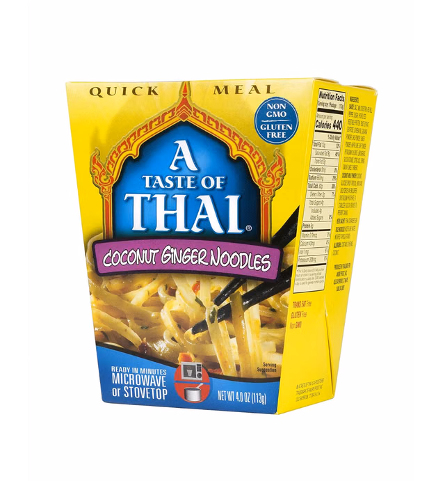 A Taste of Thai Coconut Ginger Noodles - 4oz Pack of 6 Heat & Eat Instant Noodles Flavored with Classic Thai Spices | Gluten-Free | Ideal Vegan Meal | Perfect Side for Chicken Fish & Meat Entrees