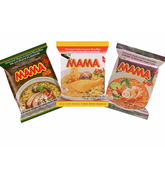 MAMA Ramen Instant Noodles Variety Pack, Chicken, Pa Lo Duck, Tom Yum Shrimp Flavors 30 Pack - Ramen Noodles Bulk - Ramen Soup