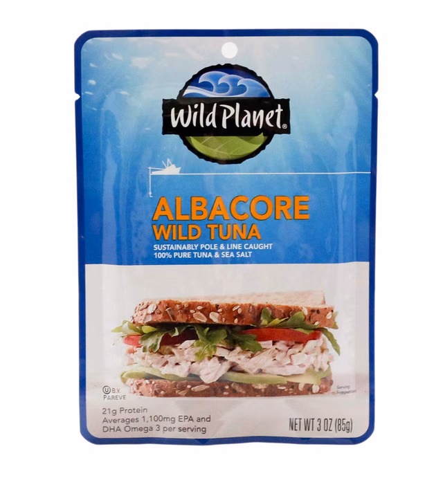 Wild Planet Wild Albacore Tuna, Sea Salt, Sustainably Caught, Kosher, Gluten Free, Keto and Paleo, 3rd Party Mercury Tested, 3 Ounce Pouch (Pack of 1)