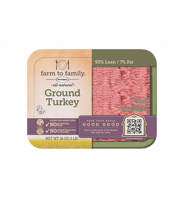 Farm to Family by Butterball, Fresh 93%/7% Lean Ground Turkey, No Antibiotics Ever, 1 lb