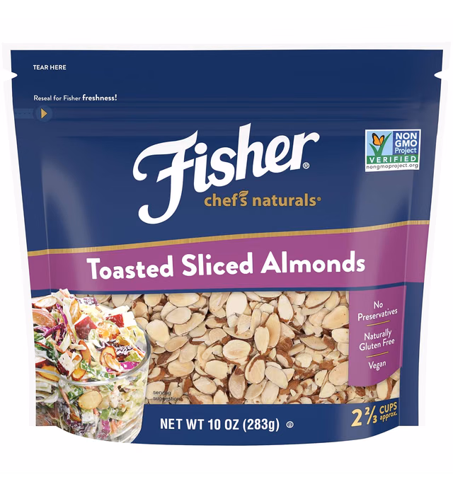 Fisher Toasted Sliced Almonds, 10 Ounces, Unsalted, No Preservatives, Naturally Gluten Free, Non-GMO, Keto, Paleo, Vegan Friendly