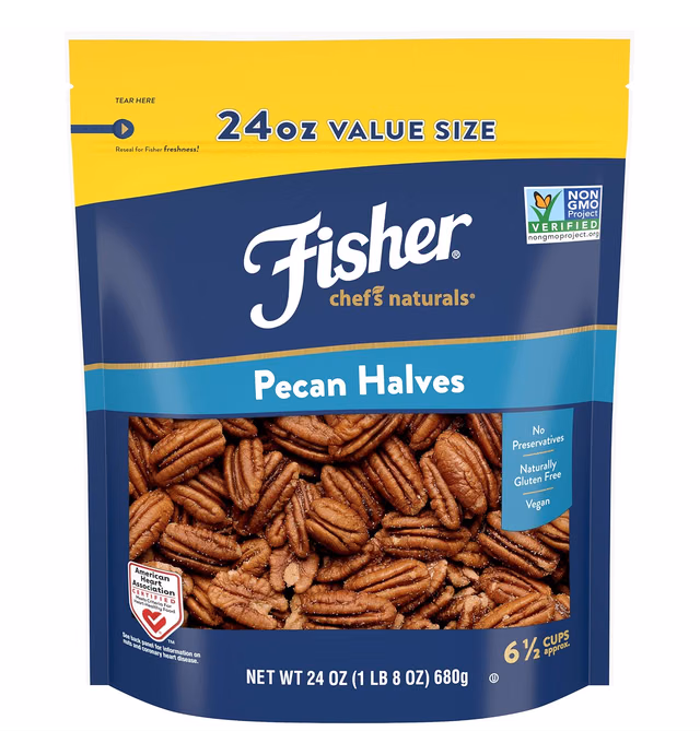 Fisher Pecan Halves, 24 Ounces, Unsalted, No Preservatives, Naturally Gluten Free, Non-GMO, Vegan, Paleo, Keto Nuts