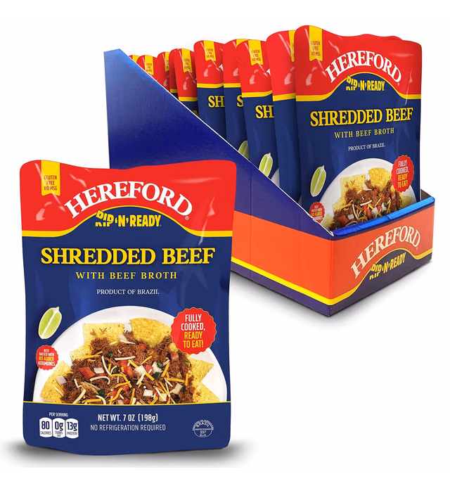 Hereford Shredded Beef with Beef Broth| Shelf Stable | Halal | Fully Cooked | Ready-to-Eat | 13g of Protein per Serving | 7oz per Pouch (Case of 12)