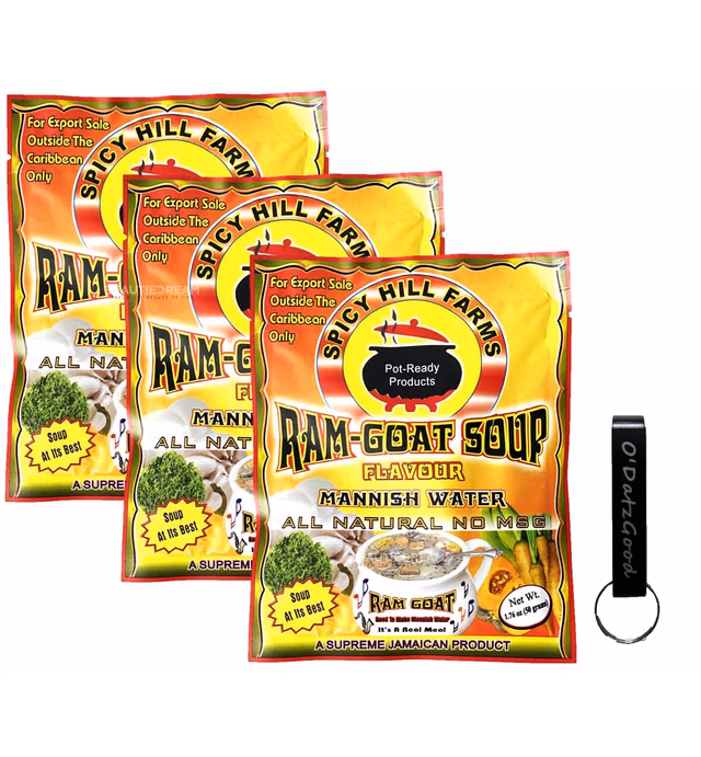 Spicy Hill Farms Ram Goat Soup (Mannish Water) Soup Mix Pack of 3 Sealed with ODatzGood Keychain Bottle Opener (Pack of 3)