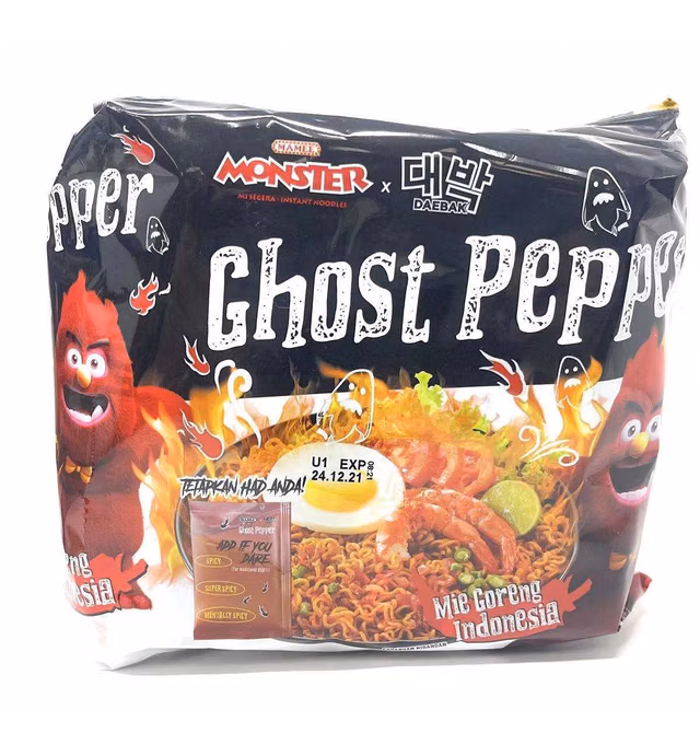 Daebak Ghost Pepper Spicy Black Noodles Tik Tok Challenge Spicest Instant Noodle ever created, Authentic Recipe Hottest in the World Asmr (4 Packs Mie Goreng), 4.26 Ounce (Pack of 4)