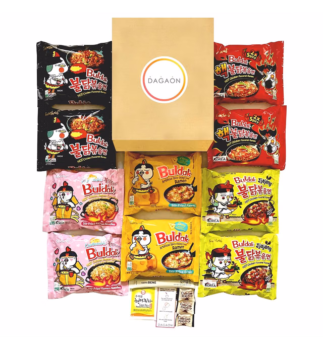 Dagaon Samyang Hot Chicken Ramen Buldak Noodle Combo Pack – 10 Variety Packs of 5 Different Flavors (2 Packs each – Original, 2x Spicy, Jjajang, Carbo, Cheese). Perfect for Spicy Food Enthusiasts.