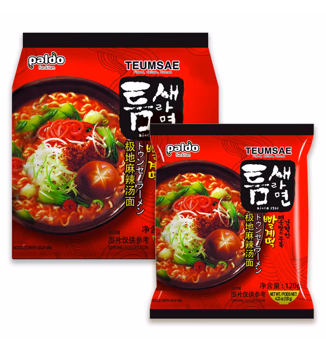 Paldo Fun & Yum Extra Hot Spicy Instant Noodles with Soup, Pack of 5, Teumsae Ramen with Spicy Broth, Best Oriental Style Korean Ramyun, Spicy Ramen Challenge, K-Food, 틈새라면 빨계떡 120g x 5