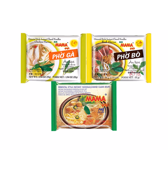 MAMA Pho Noodles Ramen Variety Pack, Pho Bo (Beef), Pho Ga (Chicken) & Pho (Clear), 10 Each